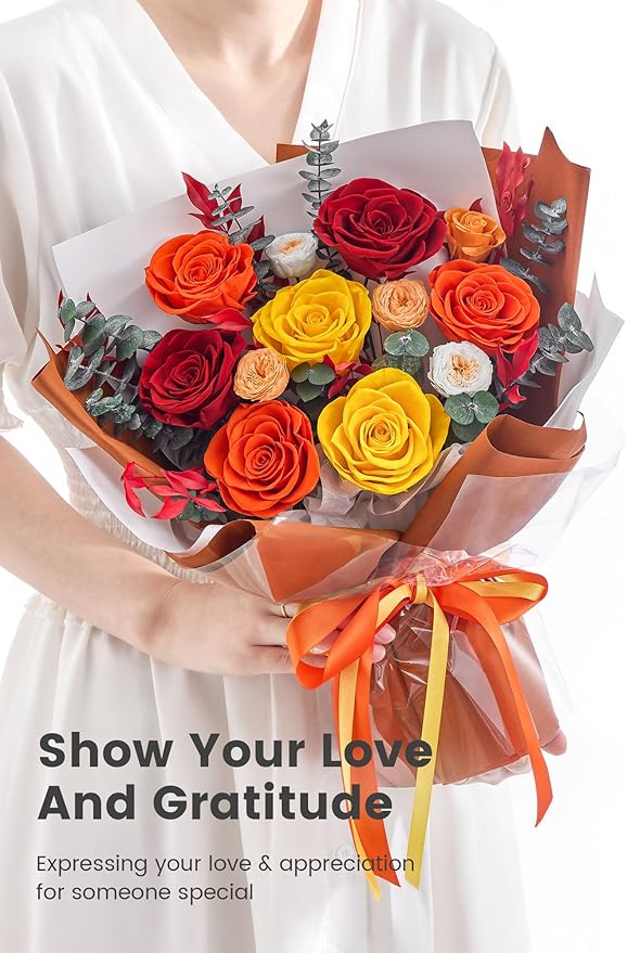 Polylove Flowers for Delivery Prime Forever Flowers Bouquet Preserved Roses Bouquet Flower Gift for Women Wife Mother Day Graduation Birthday (Orange, Medium)