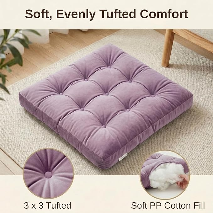 Floor Pillow for Adults, Soft Velvet Floor Cushion for Sitting, Single Square Tufted Floor Pillow for Reading Nook, Living Room, Bedroom, 22 x 22 Inch, Lavender