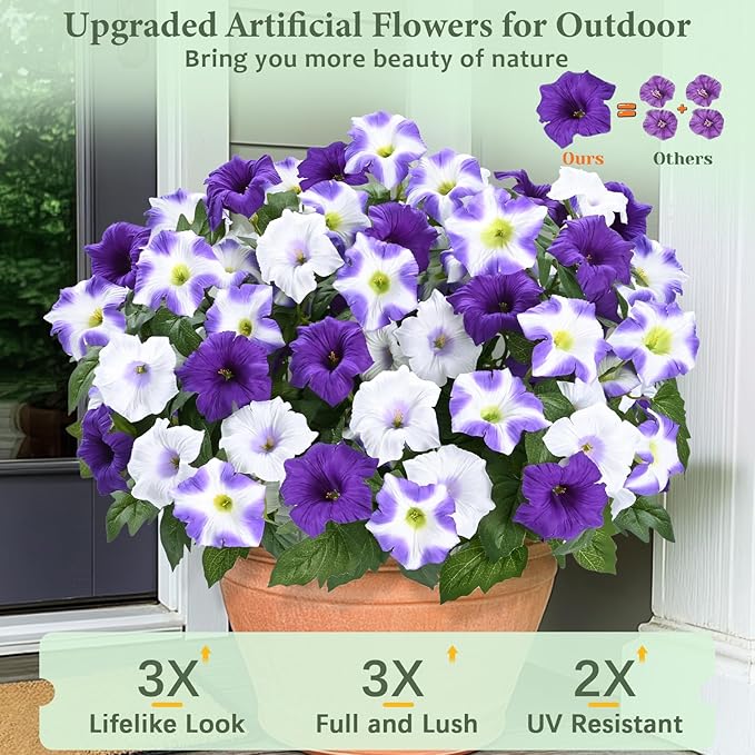 MARTINE MALL Artificial Flowers for Outdoors, 4 Bundles Realistic Fake Outdoor Flowers, UV Resistant Silk Petunia Flower for Outside Look Real Faux Flower Plants for Outdoor Porch Decor, Purple White