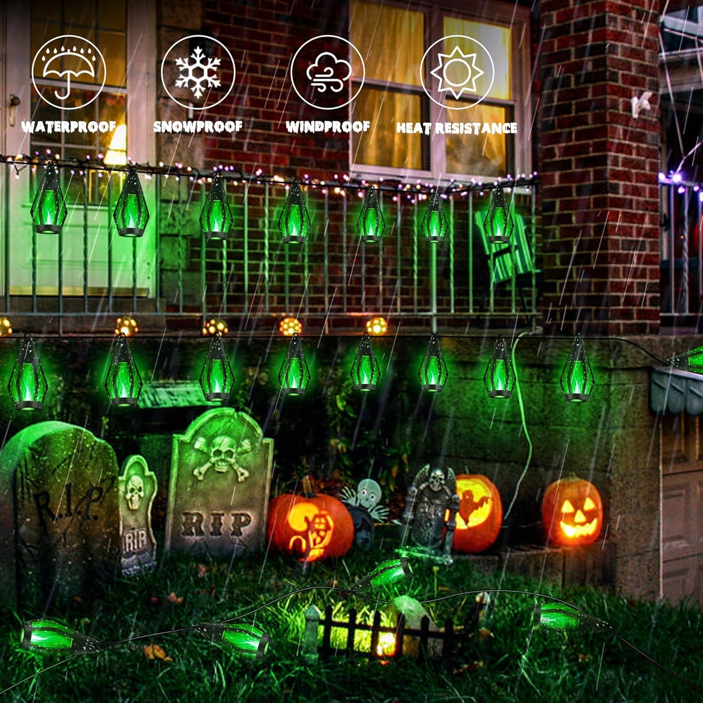 iBaycon Solar Halloween Lights, 42Ft 15 LED Bulbs Flickering Flame String Light, Outdoor Waterproof Solar Flame Lights for Garden Yard Patio Halloween Decorations (Green)