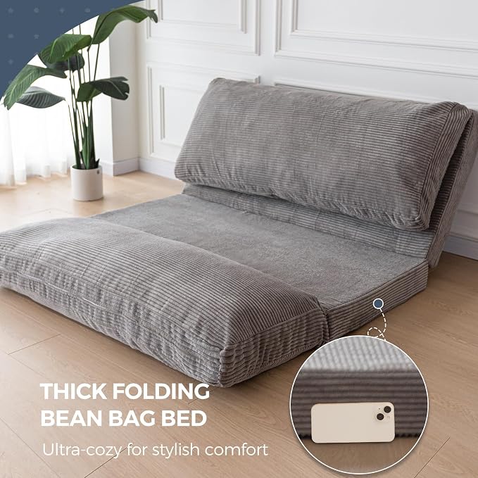 MAXYOYO Folding Sofa Bed, Extra Thick and Long Floor Sofa Convertible Chair with Washable Cover, Floor Couch Lounge Bean Bag Bed for Living Room, Grey, 39x91 Inch