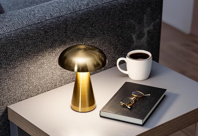 Abbott Collection Trilite Cordless Mushroom LED Table Lamp, Rechargeable Light - Metal, Gold (8 inches)