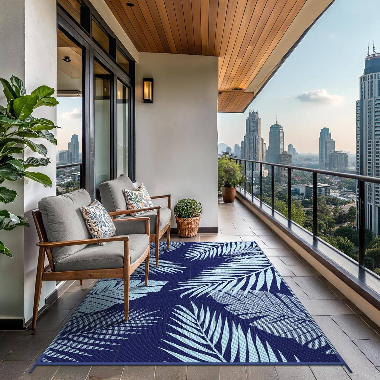 GENIMO Outdoor Rug 5' x 8' Waterproof for Patios Clearance, Reversible Outdoor Plastic Straw Camping Rug Carpet, Large Area Rugs Mats for RV, Camper, Deck, Balcony, Porch, Beach, Navy Blue&Baby Blue