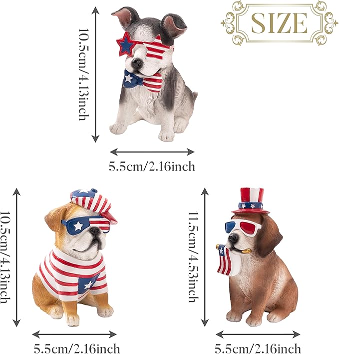 Valery Madelyn 4th of July Puppy Decorations, Memorial Day Decor for Home, Large 3Pcs Patriotic USA 250th Anniversary Decorations, Stars and Stripes Dogs Figurine for Independence Day Labor Day