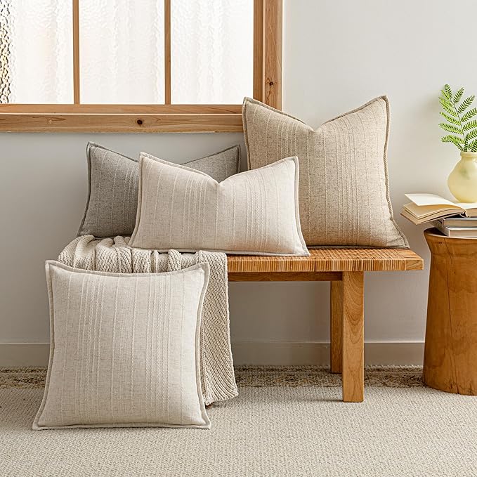 a moment Linen Pillow Covers Set of 2,Boho Farmhouse Throw Pillowcases Neutral Textured Decorative Covers for Couch Sofa,Linen Blend Accent Case Cushion Living Room Home Decor 26"x26" Ivory