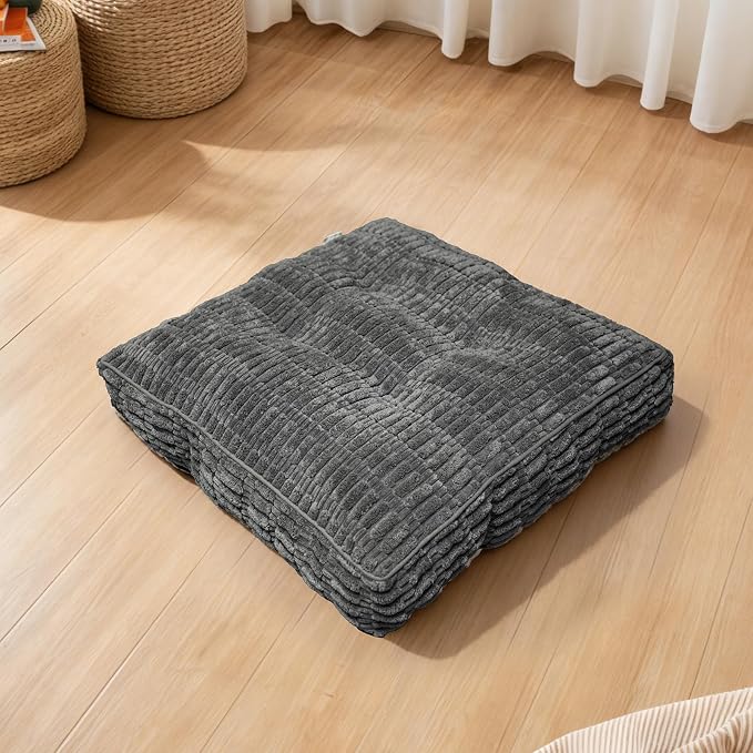 Floor Cushions, Corduroy Floor Pillow, Floors Pillows for Adults & Pets, Large Floors Pouf, Square Floored Pillows for Sitting & Yoga(2PC, Dark Grey，22"×22"×3.9")