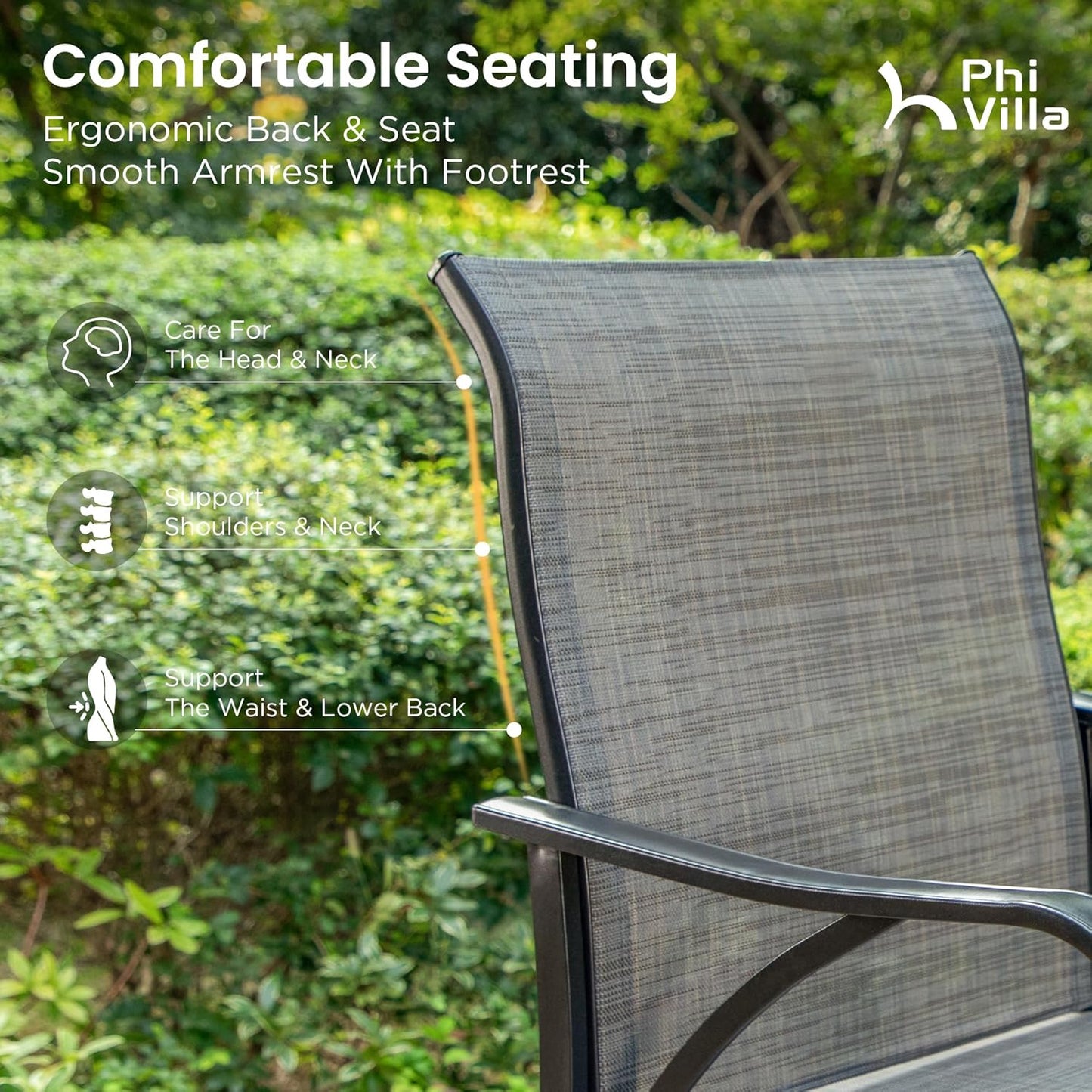 PHI VILLA 5 Piece Outdoor Bar Set, High Top Patio Table and Chairs with 4 Swivel Bar Stools (Grey) & Square Bar Bistro Table for Garden, Yard