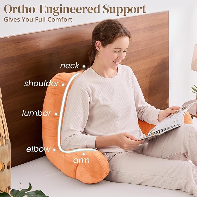 Sasttie Reading Pillow, Pillows for Reading or Relaxing – Ergonomic Support for Head, Neck, Back, and Lumbar, 21-Inch, Orange