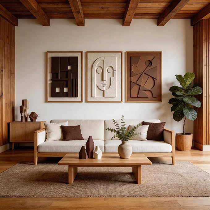 CHDITB 3D Textured Abstract Geometric Relief Sculpture Framed Canvas Wall Art Set, Neutral Earth Tone Minimalist Wall Decor, Modern Art Prints for Living Room Hallway Bedroom Home Decor 24"x36"x3