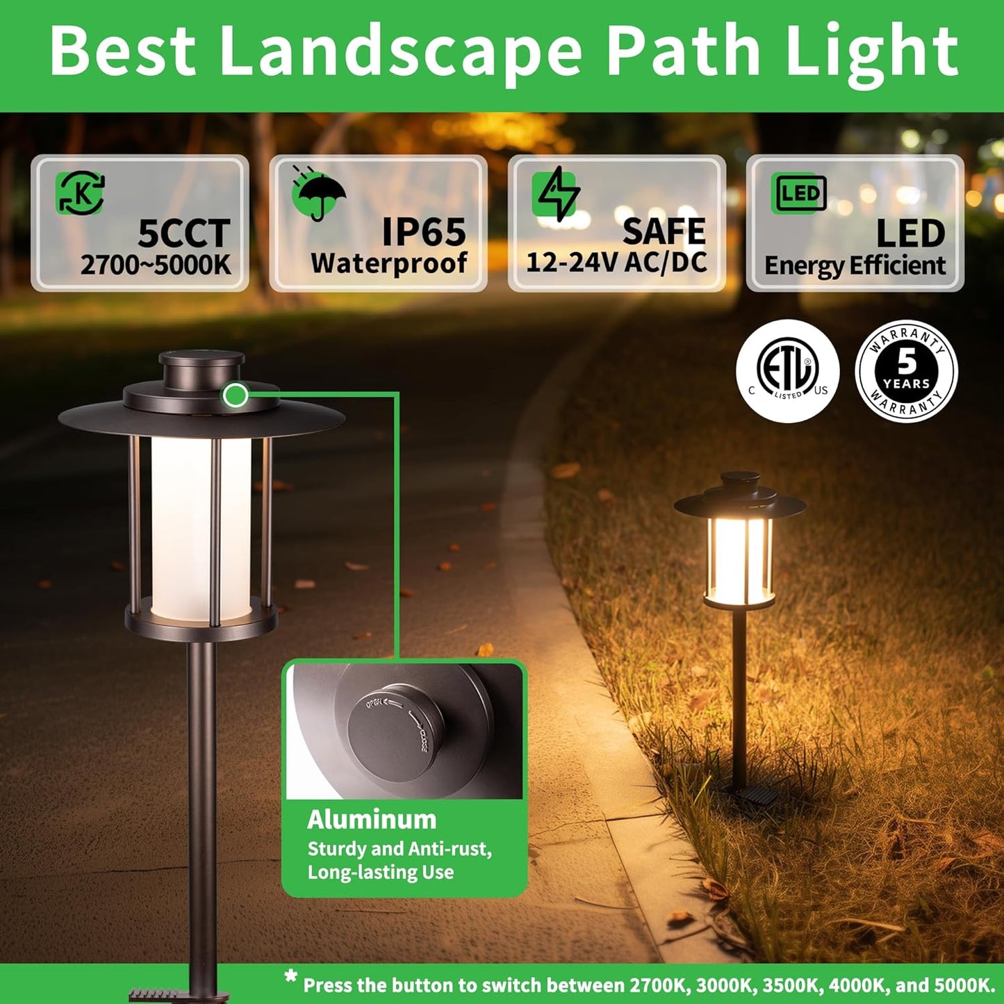 Outdoor Low Voltage Pathway Light, 12V Warm & Cool White Switchable Path Lights LED, IP65 Waterproof Landscaping Pathlight, Walk Side Lighting 5W ORB Aluminum for Backyard Lawn (6 Pack)