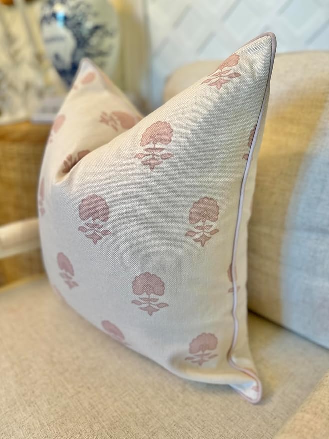 Jillien Harbor “The Lauderdale” Floral Block Print Pillow Cover – Blush Pink and Off-White Decorative Throw Pillow Cover – Grandmillennial Home Decor, 20" x 20"