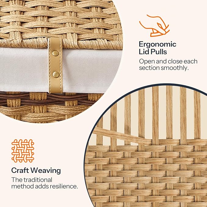HOOBRO Storage Basket with Lid, 52.8 Gallon (200L) Wicker Storage Basket with 2 Separate Lid, Blanket Storage Bin with 2 Removable Liner Bags, for Bedroom, Laundry, Natural and Brown NL277CW01
