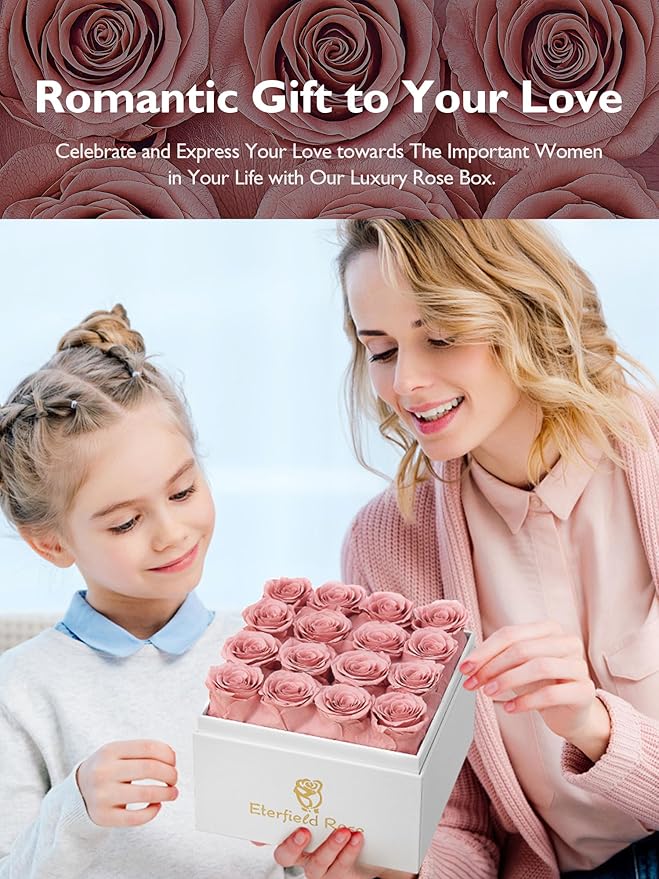 Eterfield Forever Flowers Preserved Roses Real Roses that Last Over a Year Rose Box Gifts for Her Mothers Day Valentines Day Christmas (Square White Box, 16 Dusty Pink Roses)