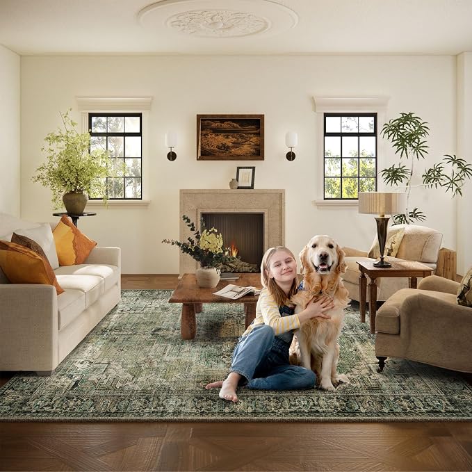 palohom 10x12 Area Rug Washable Rugs: Large Living Room Rug Stain Resistant Non Slip Distressed Vintage Low Pile Faux Wool Soft Green Rugs for Bedroom Farmhouse Dining Room Kids Playroom Nursery