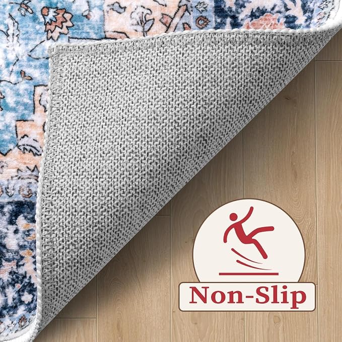 SERISSA 2x4 Boho Rugs for Entryway, Washable Non-Slip Kitchen Runner Rug, Ultra Soft Small Area Rug Vintage Blue Orange Low-Pile Door Mat Indoor Entrance Carpet for Bedroom Hallway Laundry Room