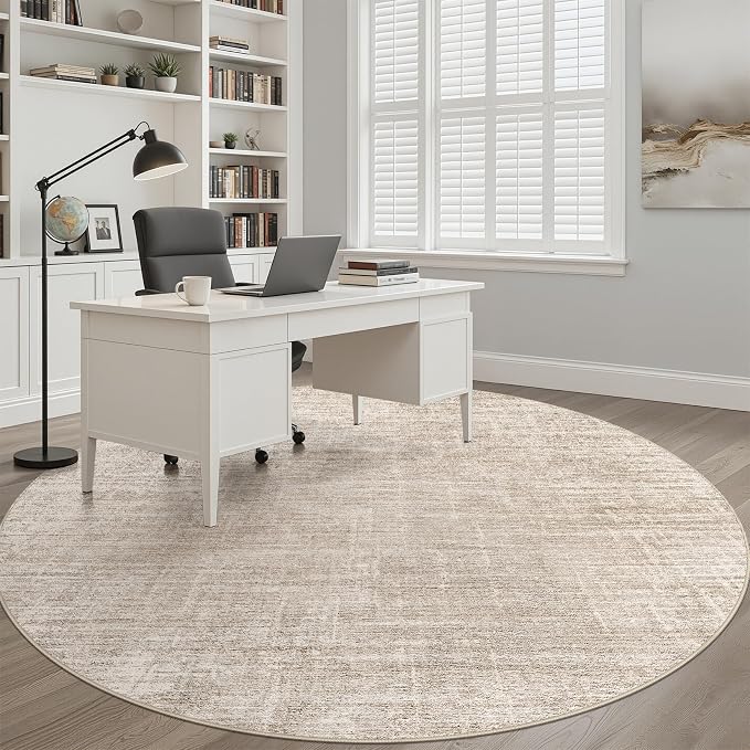 8ft Round Rug Living Room: 8x8 Washable Large Neutral Beige Circle Area Rug Abstract Soft Modern Stain Resistant Indoor Floor Non-Slip Carpet for Bedroom Nursery Kids Office Playroom Dining Room
