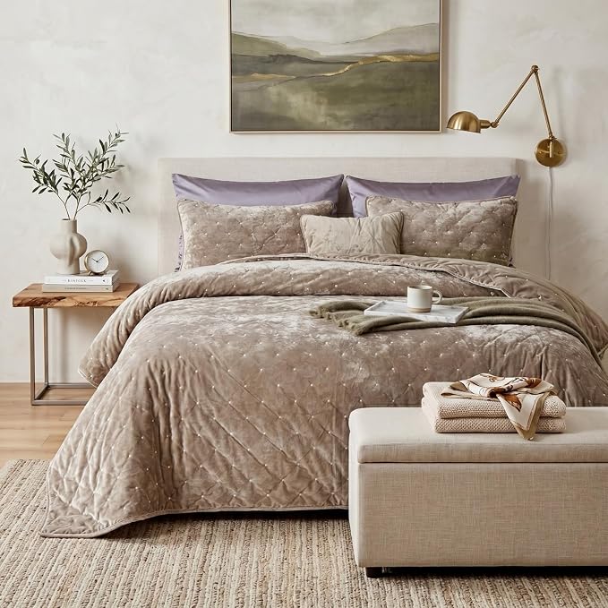 Tache Velvet Dreams Luxurious Velveteen Velour Super Soft Plush Warm Cozy Diamond Tufted Polka Dot Quilted Coverlet Tan Beige Neutral Bedspread Set, Queen