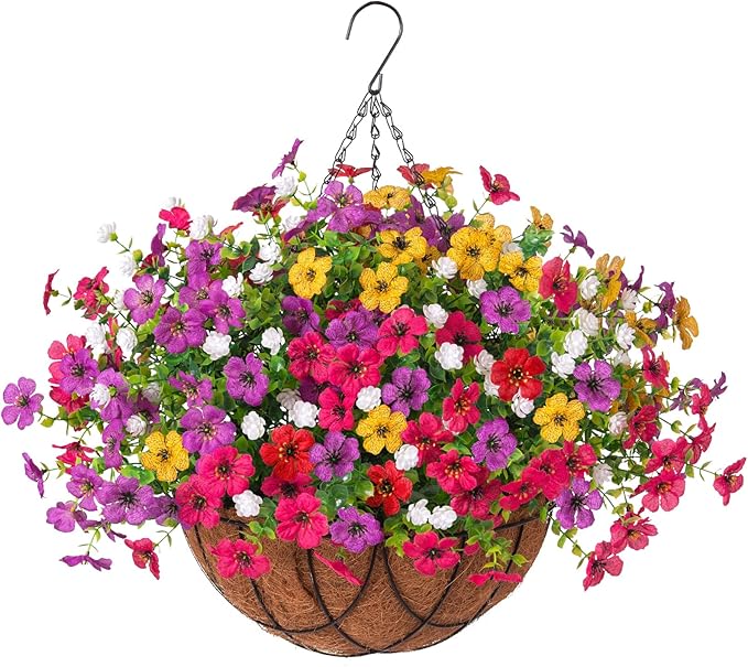 INXUGAO Artificial Silk Flowers Hanging Baskets Outdoors Indoors, Daisy with Eucalyptus Leaves Arrangement for Garden Yard Spring Summer Decor Faux Green Plant Metal Coconut Lining