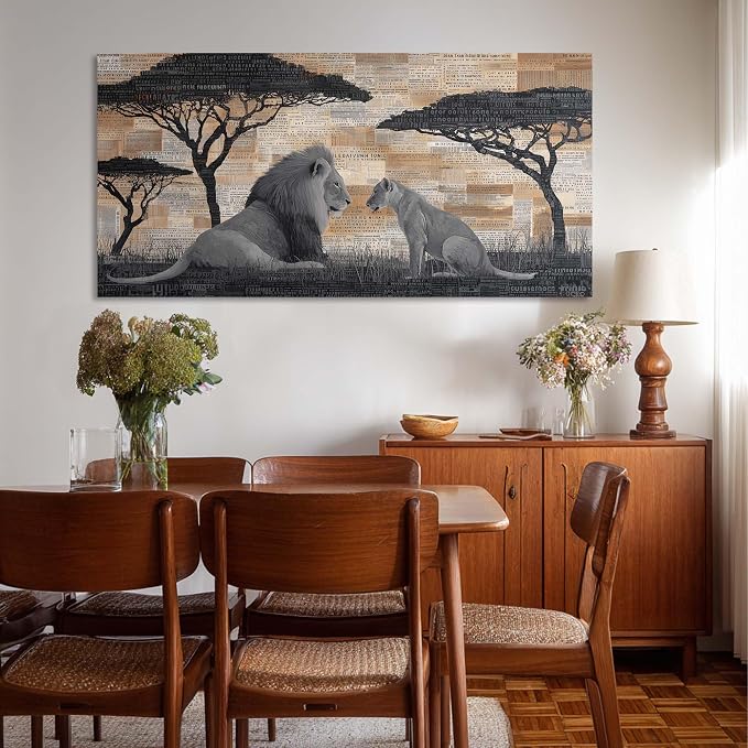 Lions Couple Wall Art for Living Room Canvas Painting Prints Text Collage Style Male and Female Lion African Savannah Deco Retro Rustic Artwork Office Bedroom Farmhouse Dining Room Decor Extra Large