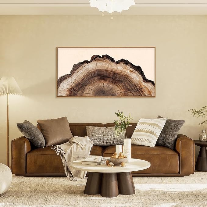 KAIRNE Vintage Tree Rings Framed Canvas Wall Art Set, Retro Wood Stump Wall Decor, Neutral Tree Spiral Art Prints, Modern Annual Ring Artwork for Living Room, Bedroom, Farmhouse, Office-40 x20 x1