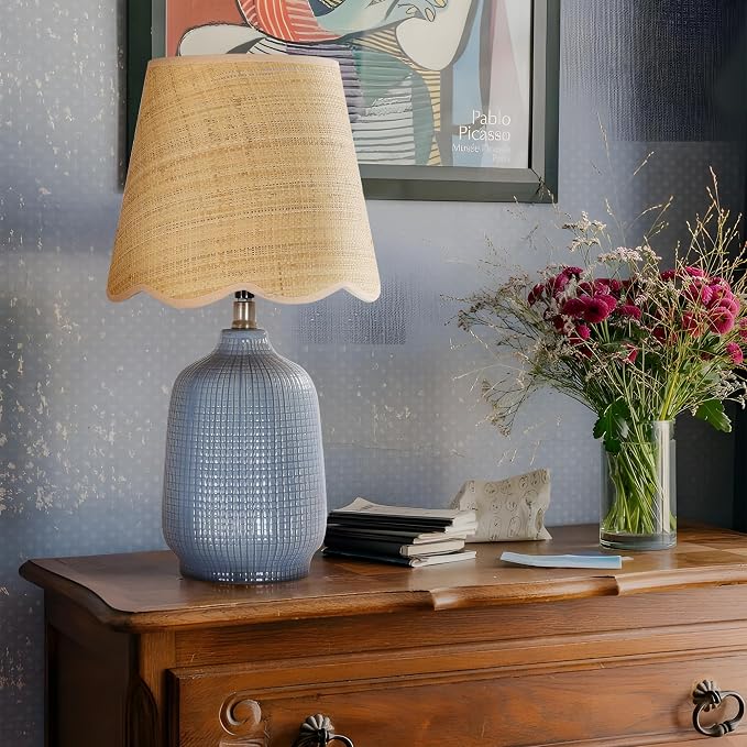 Pia Ricco Set of 2 19" Modern Ceramic Table Lamp for Living Room Gray Blue Base Desk Lamps for Bedroom Farmhouse Bedside Nightstand Lamp End Table Lamps,Bule,Rattan Shade