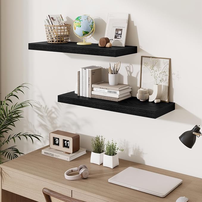 Fun Memories Floating Shelves for Wall, 30 Inch Long Floating Shelves Set of 2, 30 x 10 Wooden Shelves for Wall, Large Storage Shelves, Hanging Shelves for Bathroom Kitchen Bedroom, Black