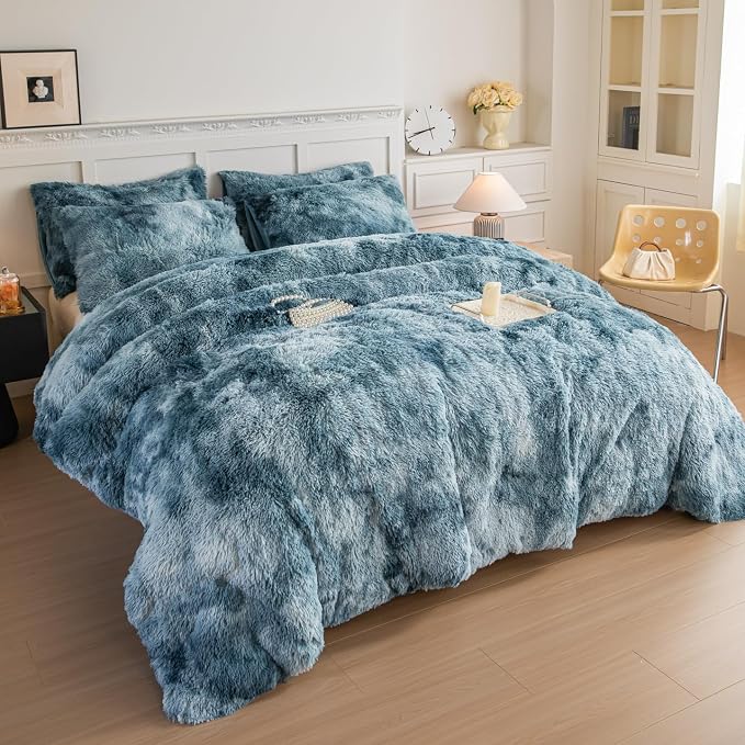 chovy Faux Fur Plush Tie-Dyed Blue White Comforter Set Twin/Full Size - Ultra Soft Shaggy Flannel Velvet Fluffy Fuzzy 3PC Bedding Set (Comforter x 1 Pillowcases x 2)