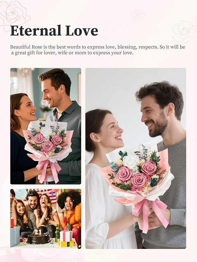 Flomoon Forever Flowers Gifts for Mom, Mothers Day Preserved Flowers Bouquet Birthday Gifts for Her, Preserved Roses for Grandma Wife Anniversary Valentines Day Christmas (Dusty Pink)