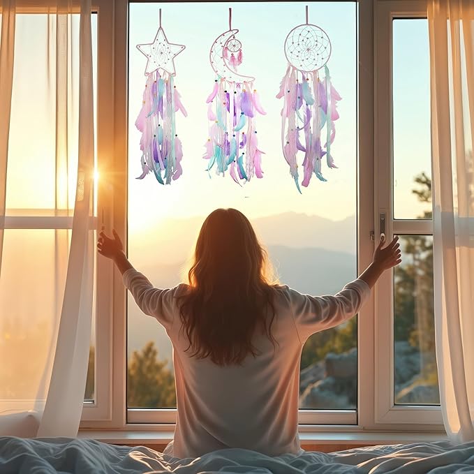 3 Pack Pink Star Moon Sun Dream Catcher - Pink Dream Catchers for Girls, Teen Girl Room Decor, Grils Bedroom Decoration
