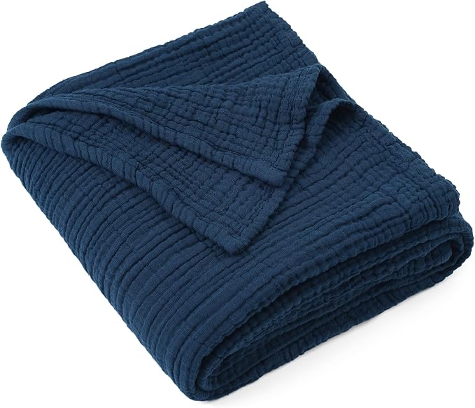 Carriediosa 100% Cotton Muslin Throw Blanket 108" X 90" King Size，4-Layers Summer Gauze Throws for Bed Couch，Soft Lightweight Breathable Linen Blankets Bedspread for Adults All Season，Navy Blue