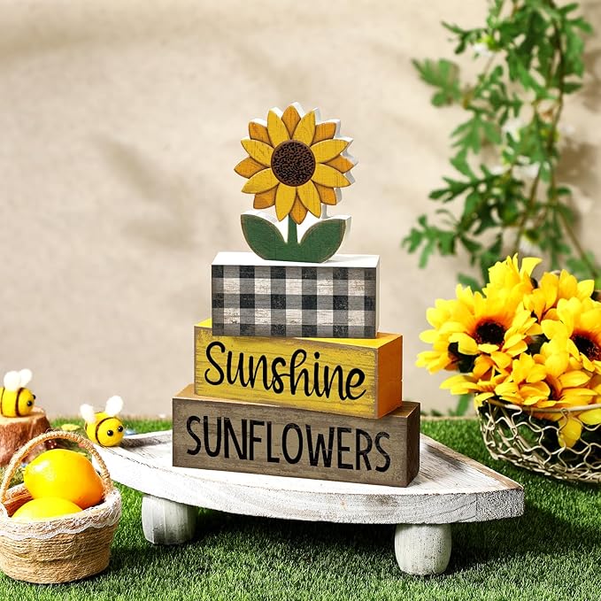Yuntau 4 Pcs Sunflower Decorations Sunflower Wooden Sign Sunshine Table Centerpiece Summer Tiered Tray Decor Decorative Faux Book Stack Block for Coffee Table Fireplace Mantel Floating Shelf