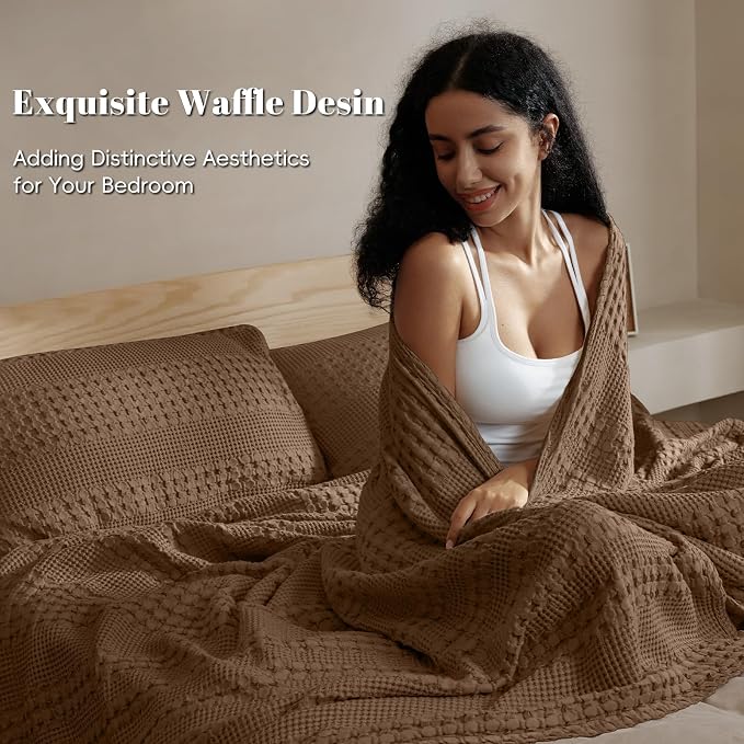 PHF 100% Cotton Waffle Blanket Twin Size for College Dorm, Lightweight Breathable and Soft for Summer, Luxury Aesthetic Waffle Weave Blanket for Bed & Gifts for Women, 66"x90", Chocolate