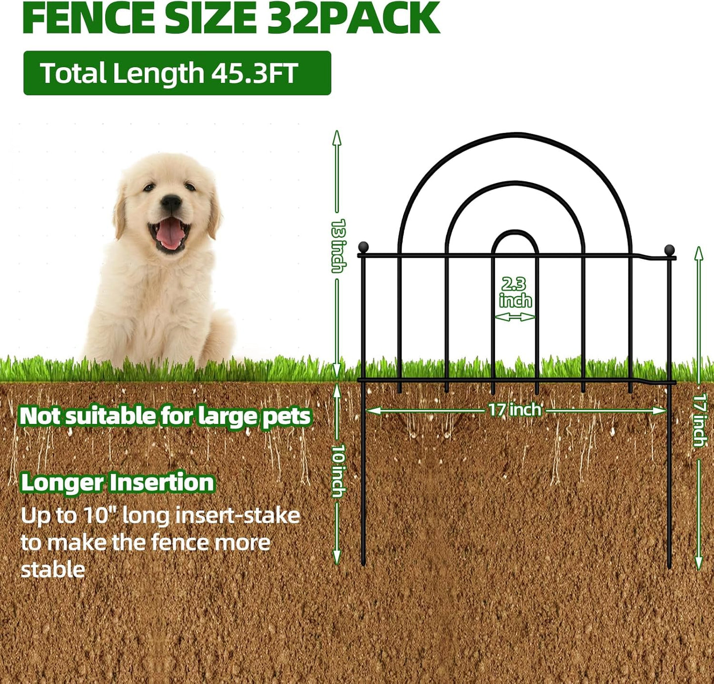 Decorative Garden Fence, 32 Panels No Dig Fence 45.3ft(L) x13in(H) Animal Barrier for Dog Rabbit, Arched Flower Bed Wire Border Rustproof Metal Panel Fencing for Yard Patio Outdoor Decor