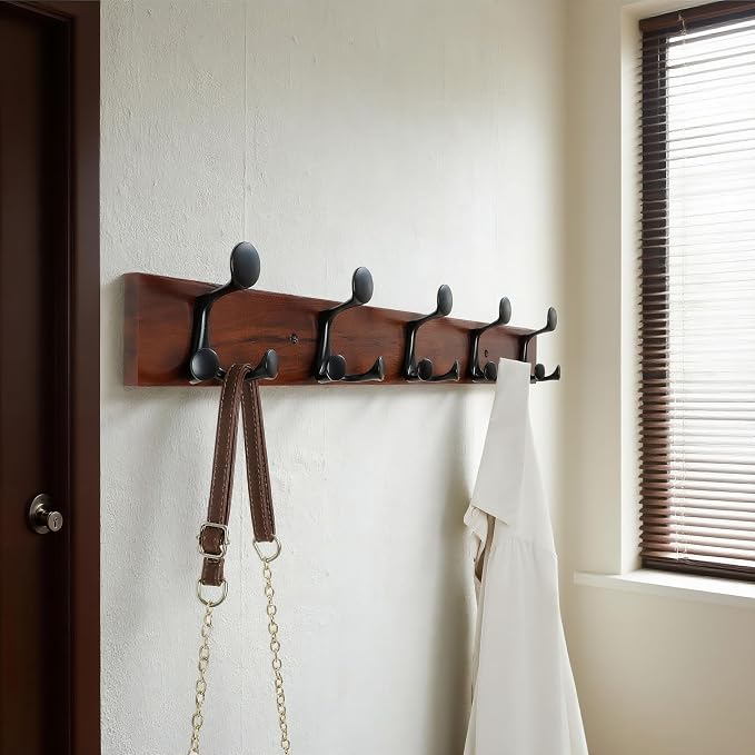 WEBI Coat Rack Wall Mount,30" Solid Wood Coat Hooks Wall Mounted Coat Hanger,16" Hole to Hole,Heavy Duty Hook Rack Rail,5 Triple Hooks for Hanging Coats,Jacket,Clothes,Hat,Backpack,Cherry,2 Packs