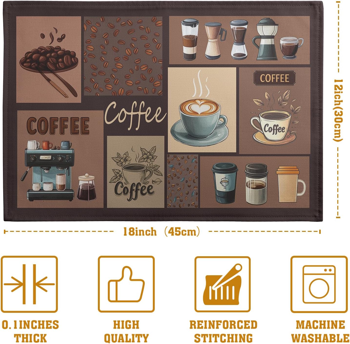 Coffee Theme Placemats Set of 4 Farmhouse Style Brown Linen Fabric Table Mat 12x18 Inch Washable Heat Resistant Non-Slip Place Mats for Home Party Kitchen Dining Decor
