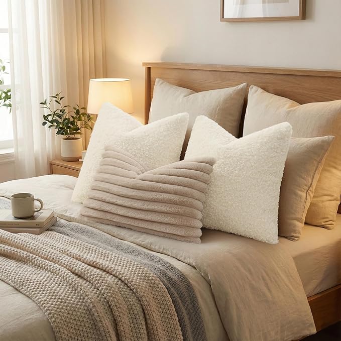 decorUhome Pack of 2 Throw Pillow Covers 18x18 Inch, Faux Fur Decorative Sherpa Pillow Covers Fuzzy Accent Soft Sheepskin Fleece Pillow Cases for Couch Living Room Bed, Neutral Cream