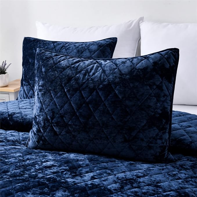 Fredsure Distressed Velvet Quilt Set, 3 Pieces Navy Queen, Distressed Velvet Face and Brushed Microfiber Reverse, with Diamond Quilting