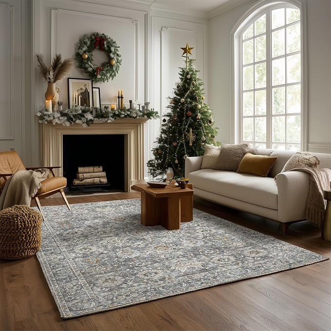 Washable Rugs for Living Room: 5x7 Area Rugs for Bedroom Ultra Soft Non-Slip Stain Resistant Vintage Boho Large Carpet for High-Traffic Dining Room - Farmhouse Decor