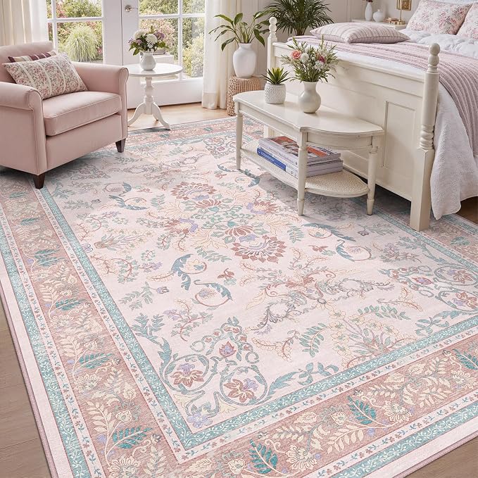 DCX 4x6 Pink Vintage Floral Rug, Machine Washable Non Slip Low Pile Carpet for Girl’s Bedroom, Nursery, Dorm, Kid & Pet Friendly Soft Stain Resistant Rug