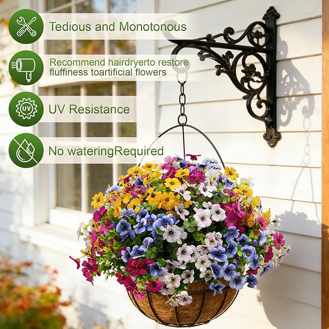 Artificial Fake Flowers for Outdoor UV Resistant,16 Bundles Silk Outside Plants Decoration for Hanging Planters, Daisy Eucalyptus Faux Flower Spring Summer Garden Yard Patio Balcony Home
