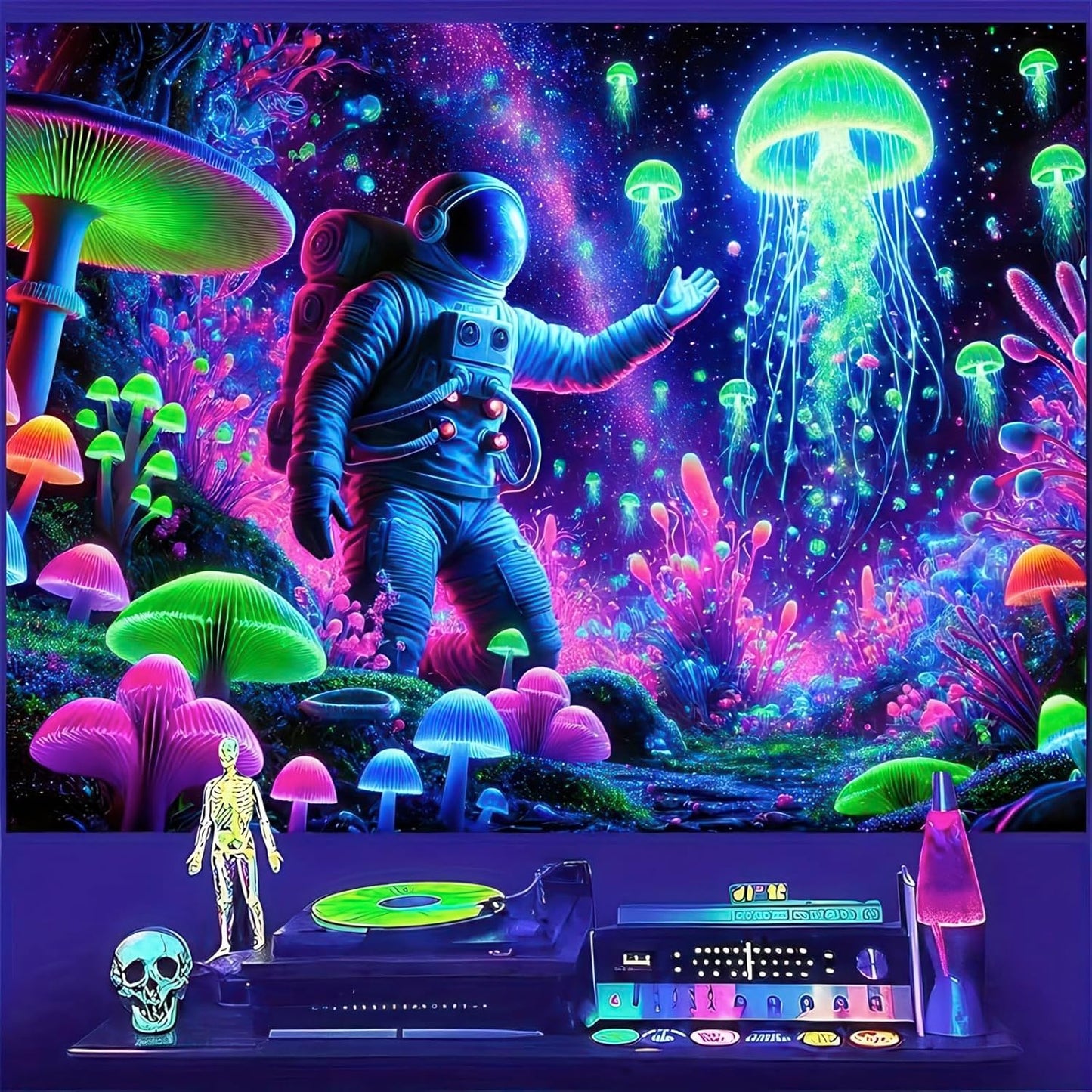 BlissYard Blacklight Astronaut Jellyfish Tapestry Trippy Mushroom Tapestry UV Reactive 59X78 inch Fantasy Plants Wall Tapestry Psychedelic Neon Galaxy Space Tapestry Wall Hanging for Room Boys Poster