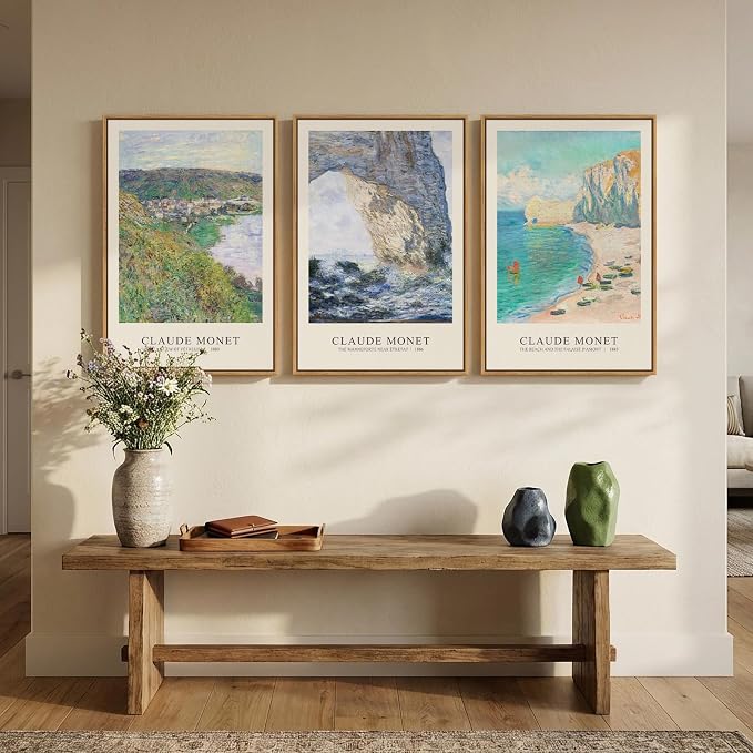 3 Piece Framed Monet Landscape Wall Art for Living Room, Large Impressionist Vintage Coastal Picture Canvas Prints Painting, Classic Nature Artwork Decor for Bedroom Hallway 16x24 Inch