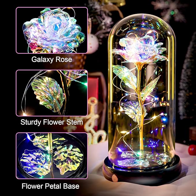 Mothers Day Flowers Gifts for Mom Women Birthday Gift, Rechargeable Galaxy Glass Rose in Glass Dome Forever Crystal Rose Anniversary Mother's Day Roses Gifts for Daughter Wife Women Grandma Rainbow