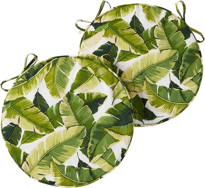 Set of 2 Outdoor 18 inch Round Patio Dining Chair Pads – Comfortable Fiber-Filled Seat Cushions with Ties, Reversible Polyester Fabric, Palm Leaves White