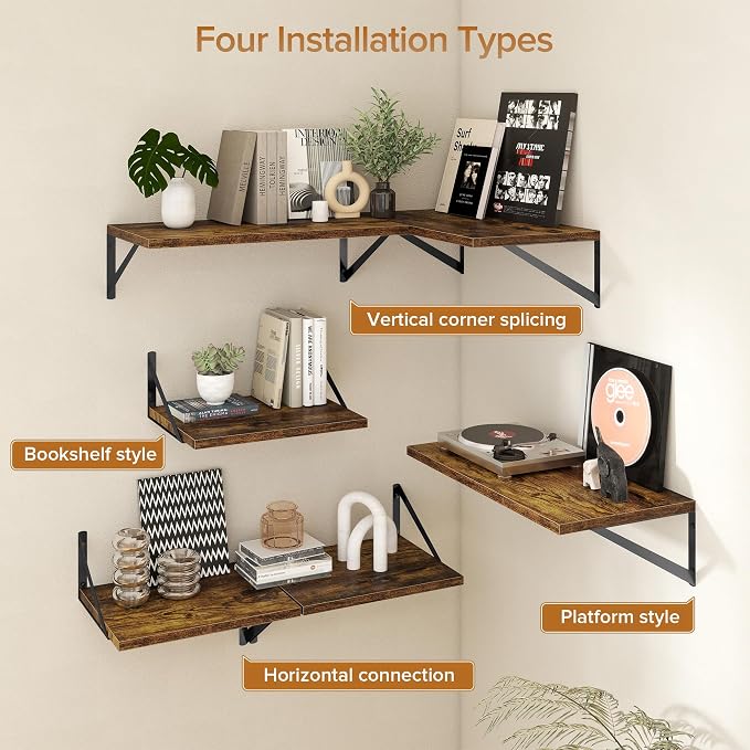 Acovy Deep Floating Shelves Wall Mounted, 48"x12" Brown Wood Shelves with Brackets Set of 2 for Bedroom, Living Room, Bathroom, Kitchen, Office - Storage & Display Shelf for Decor, Books, Plants
