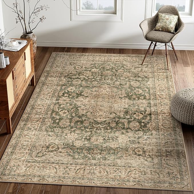 4x6 Washable Area Rug Green Brown Vintage Non Slip Soft Low Pile Rug for Entryway Kitchen Bathroom Distressed Oriental Throw Carpet for Living Room Bedroom Home Decor