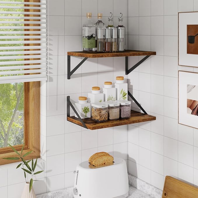Floating Shelves for Wall,18" Wall Mounted Shelves Set of 2,Wood Floating Shelf with Bracket,Sturdy Metal Bracket Bookshelves Home Decor Storage for Living Room,Bedroom,Bathroom,Kitchen,Rustic Brown