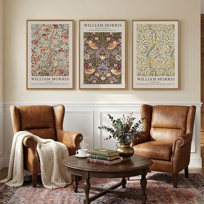 Large Framed William Morris Wall Art Set of 3, Vintage Strawberry Thief Canvas Artwork for Walls, Rustic Botanical Floral Art Prints for Living Room, Bedroom, Dining Room, Hallway, Office Wall Decor, Total Size 30x60 In
