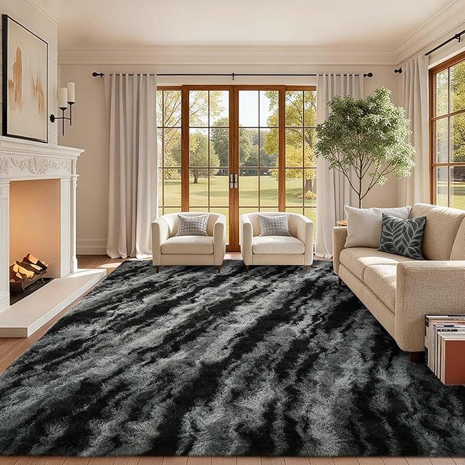 Area Rugs for Living Room, 4x6 Feet Soft Fluffy Shagg Plush Rug High Pile Large Non-Slip Floor Carpet for Bedroom Nursery Dorm Decor Aesthetic Black
