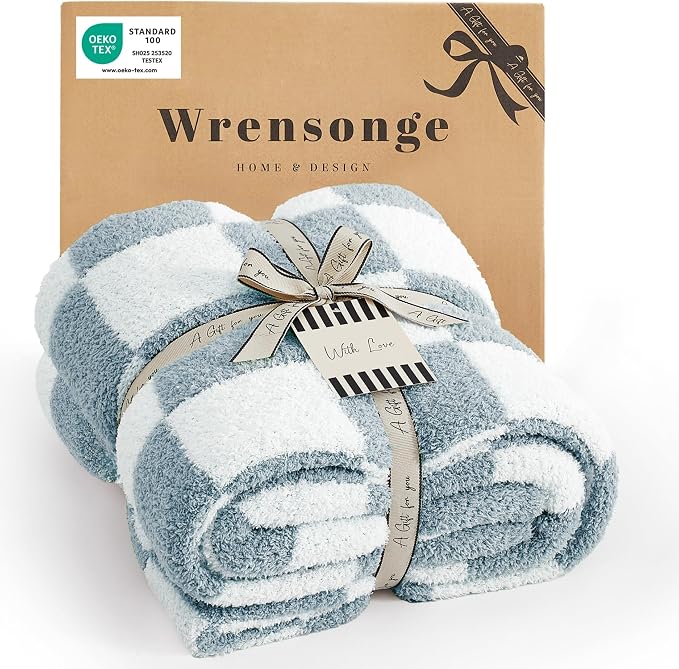 WRENSONGE Soft Checkered Throw Blanket for Couch-Cozy Warm Knitted Blankets | Lightweight Warm Fluffy Decor for Women, Mom, Her & Girls, Sofa, Chair, Bed, 50x70in, Grey Blue